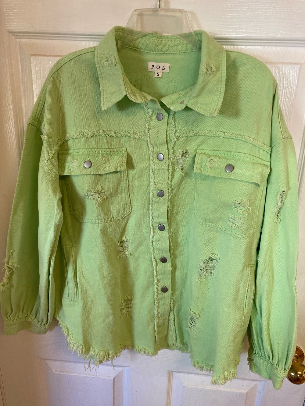 POL Distressed Lime Green Button-Front Shacket